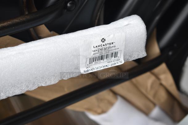 4 brand new Lancaster Table & Seating Alloy Distressed Copper Outdoor Cafe Chairs, 164CNCAFECPD model, labeled.