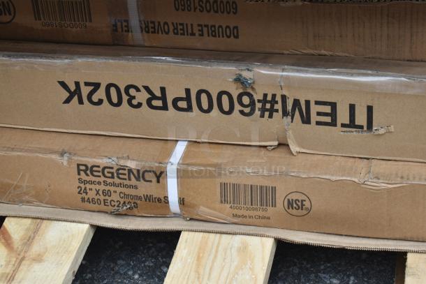 9 brand new scratch and dent items, including Regency 24"x60" chrome wire shelf in boxes, minor box damage visible.