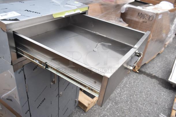 BRAND NEW Lavex 257RD2523EBC mobile desk with enclosed base, scratch and dent condition, featuring a metal drawer.