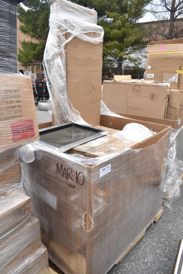 Palette of 6 new scratch and dent items, including a drop-in ice bin and sink. Marked "MAR-10" on boxes. Wrapped in plastic.