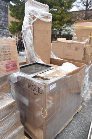 Palette of 6 new scratch and dent items, including a drop-in ice bin and sink. Marked "MAR-10" on boxes. Wrapped in plastic.