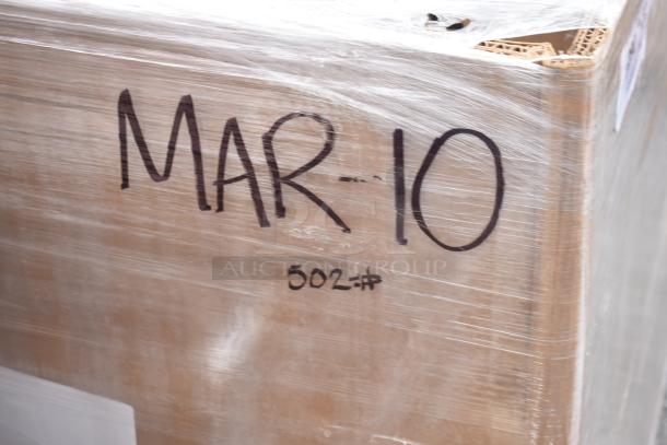 "Box labeled MAR-10 containing 6 new scratch and dent items including a drop-in ice bin and sink, wrapped in plastic."