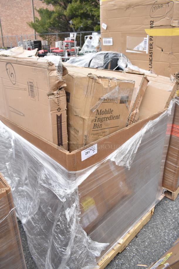 Cardboard boxes containing 7 brand new scratch and dent items, including chairs, an ingredient bin, and a table, wrapped in plastic.