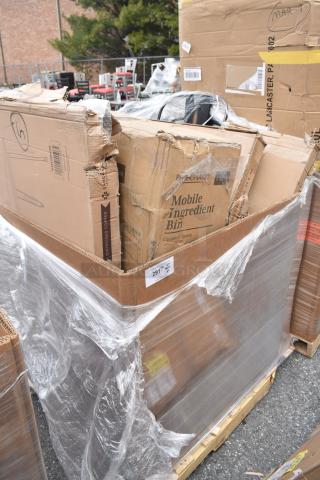 Cardboard boxes containing 7 brand new scratch and dent items, including chairs, an ingredient bin, and a table, wrapped in plastic.
