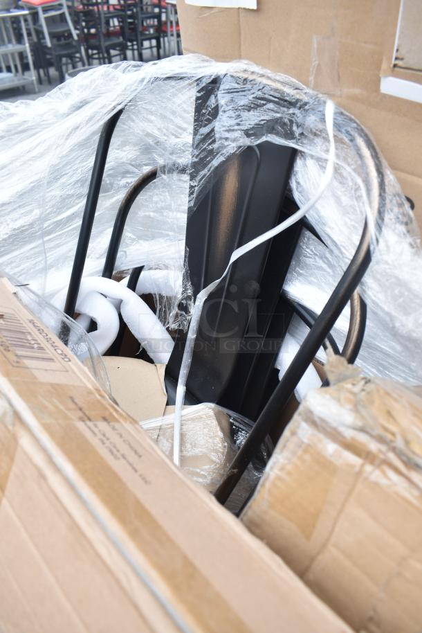 Auction items in packaging: chairs, ingredient bin, table. Scratch and dent condition, brand new, wrapped in plastic.