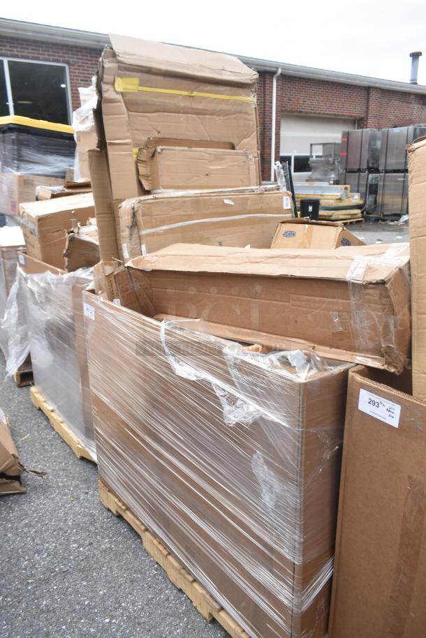 10 new scratch and dent items in original packaging, including shelf, work table, pan rack, and ingredient bin, on pallet.