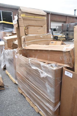 10 new scratch and dent items in original packaging, including shelf, work table, pan rack, and ingredient bin, on pallet.