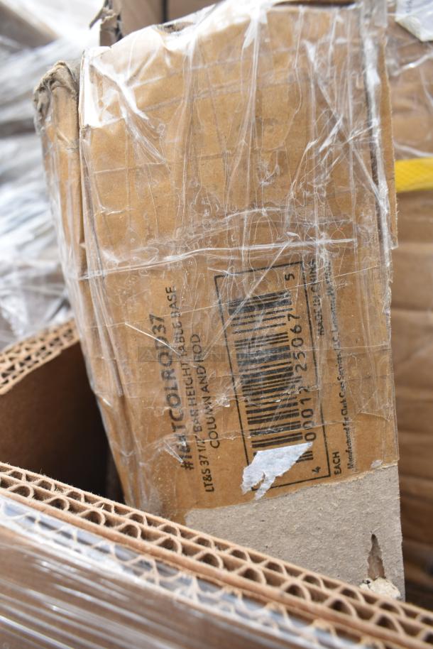 Cardboard packaging with a barcode and text indicating dimensions, covered in plastic wrap. Items include a shelf, work table, pan rack, and ingredient bin, all listed as scratch and dent.