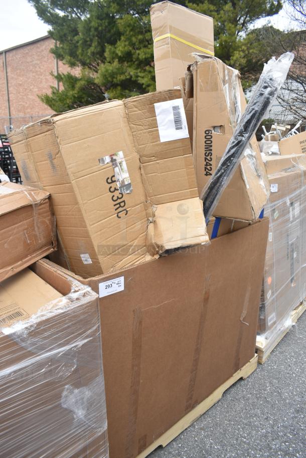 Large pallet of assorted boxed items including a microwave shelf, chafer, and drop-in sink. Boxes show minor damage. Tags showing product codes visible.