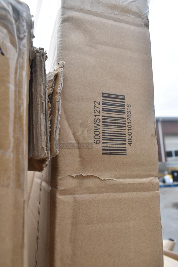 Cardboard boxes containing scratch and dent items, including microwave shelf, chafer, and drop-in sink, labeled "600WS1272".