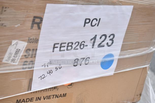 Box with label showing "FEB26-123," indicating auction lot of 7 scratch and dent items including a shelf kit and sink.