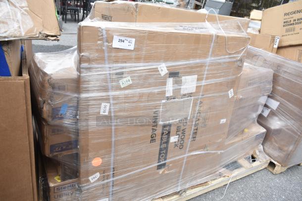 Sealed pallet of 7 scratch and dent items, including shelf kit and sink, in original packaging. Visible tags show item numbers.