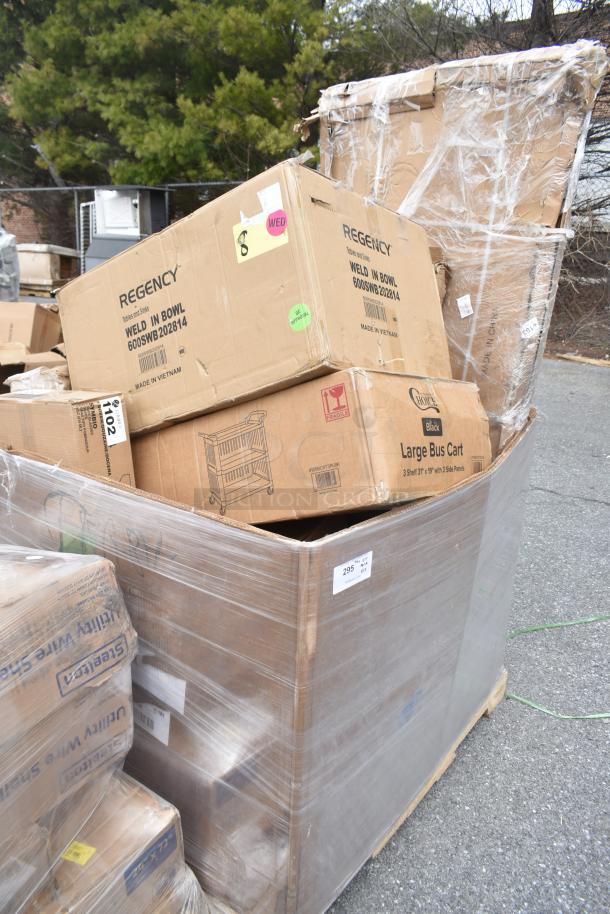 Boxes of scratch and dent items, including Regency sink and Choice bussing cart. Items packed in plastic-wrapped pallet.
