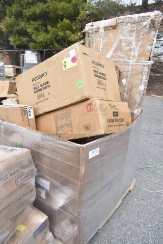Boxes of scratch and dent items, including Regency sink and Choice bussing cart. Items packed in plastic-wrapped pallet.