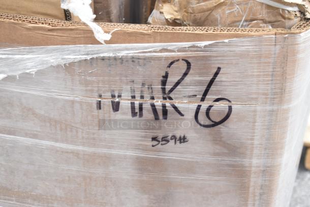 Cardboard box with plastic wrap, labeled "MAR-6" and "559#", containing 13 new scratch and dent items like bussing cart and sink.