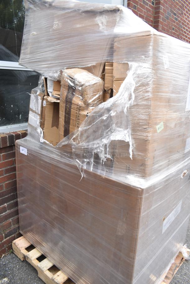 Bulk packaging of 13 scratch and dent items on a pallet, wrapped in plastic. Includes table and speed rail. Slight box damage visible.