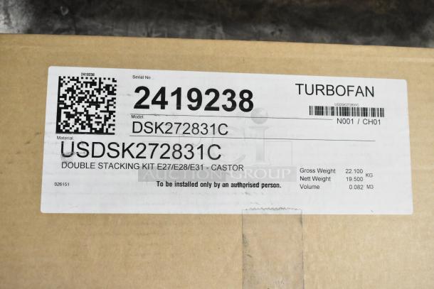 Brand new Turbofan Moffat DSK27/28/31C double stacking kit box, includes casters, visible label with serial 2419238.