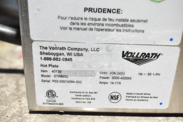 Vollrath Cayenne STA8002 40739 Electric Hot Plate, 2 burners, 208/240V, scratch and dent, NSF certified, new condition.