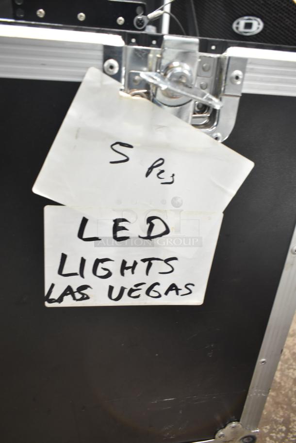 5 Createled AirBLADE-15 LED lights in hard case on casters, labeled "5 Pcs LED Lights Las Vegas."