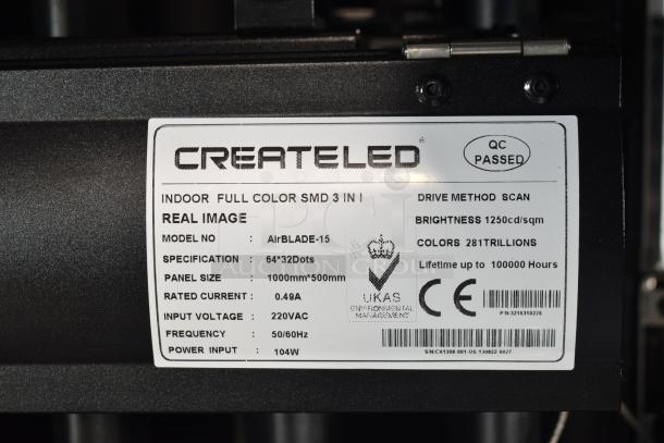 5 Createled AirBLADE-15 Indoor Full Color SMD panels in hard case. Model info: 64x32 Dots, 1000x500mm, QC passed.