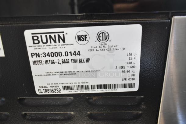 Bunn ULTRA-2 tag details: 120V, 12A, 1440W, 50/60Hz, 1 phase. Serial: ULTR095232. NSF, ETV listed.