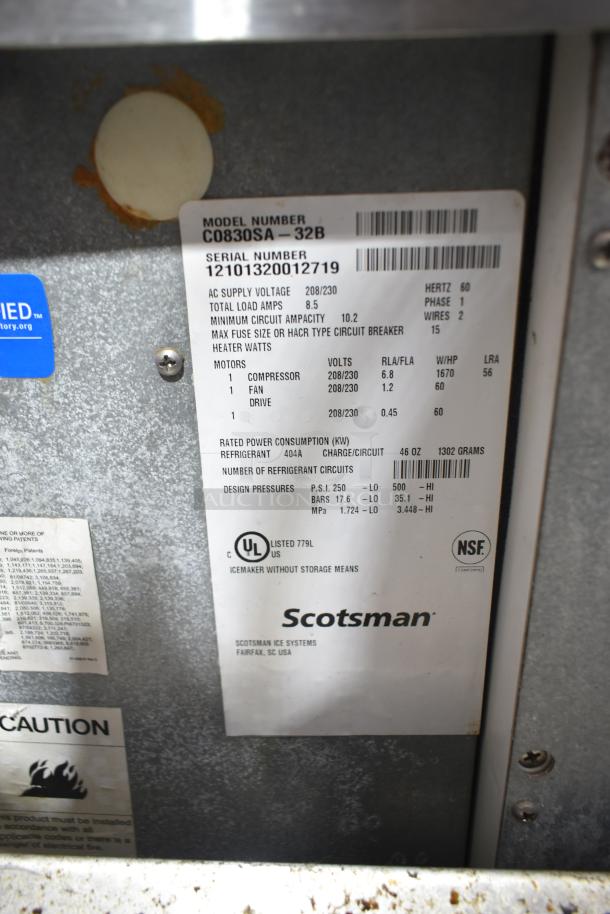 Scotsman C0830SA-32B Prodigy Ice Head label showing electrical specs, 208/230V, 1 Phase. NSF and UL listed.