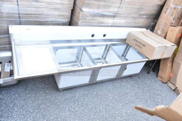 BRAND NEW KoolMore KM-SC181814-1883 stainless steel 3-bay sink, dual drain boards, minor scratches, no legs, boxed accessory.