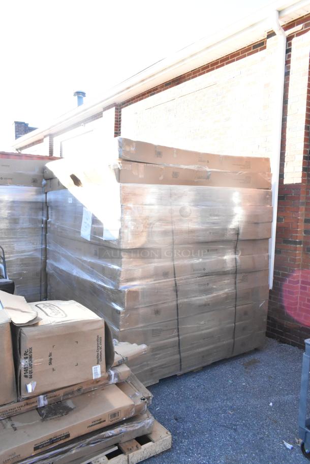 Stack of 12 Lancaster Table & Seating Vineyard 5' round wood folding tables, brand new, with minor scratches and dents.