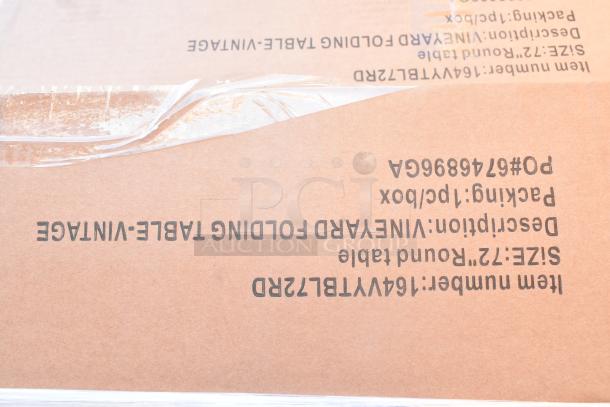 12 new Lancaster Table & Seating 164VYTBL72RD Vineyard 5' round brown wood folding tables in original packaging.