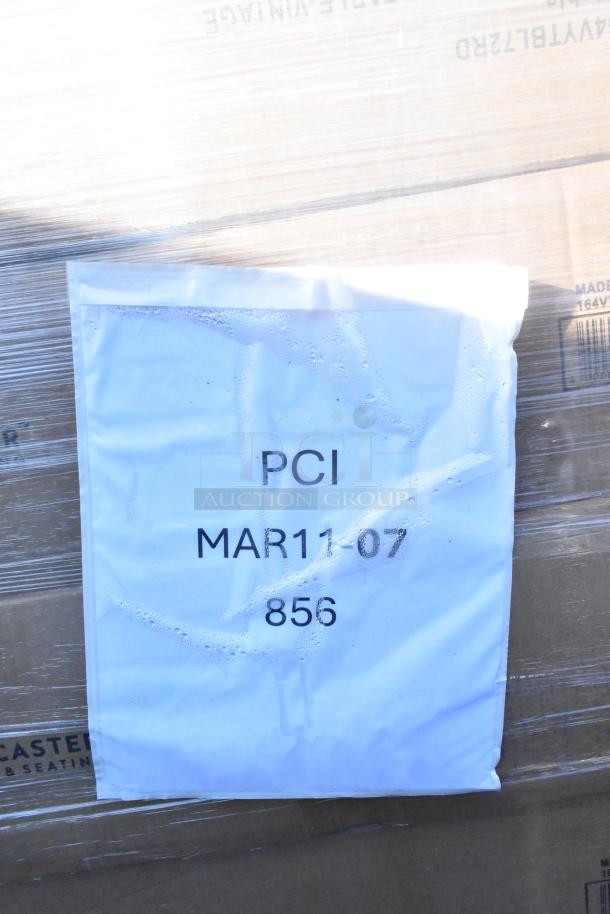 12 new Lancaster Table & Seating Vineyard 5' round wood folding tables in Barrel Brown. Scratch and dent condition. Marked "PCI MAR11-07."