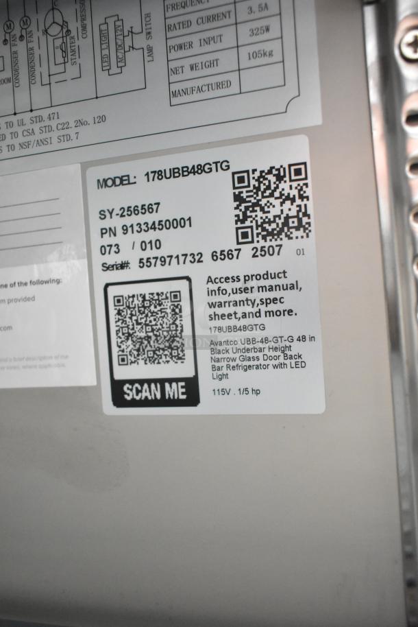 Brand new Avantco 178UBB48GTG back bar refrigerator, 48", black, glass door, LED lighting, 115V, with broken glass noted.