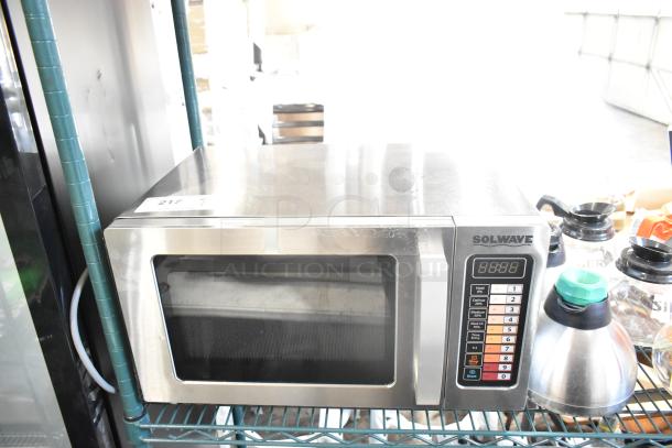 Solwave 180MW1000SS commercial microwave, like new, stainless steel, push button controls, 120V, 1 phase, model EM025FJT-S0SA00.