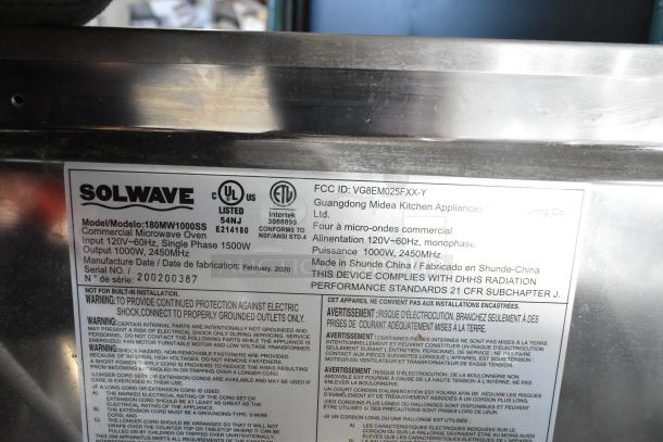 2020 Solwave EM025FJT-S0SA00 stainless steel commercial microwave, model 180MW1000SS, like new, 120V, 1 Phase.