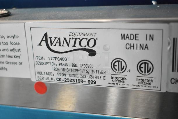 Alt text: "Avantco model 177PG400T commercial panini grill label with voltage, wattage, and manufacturing details."