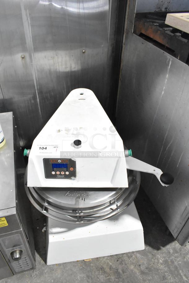 Proluxe Commercial Countertop Dough Press, white, front panel controls, used condition, visible "Blaze Pizza" label.