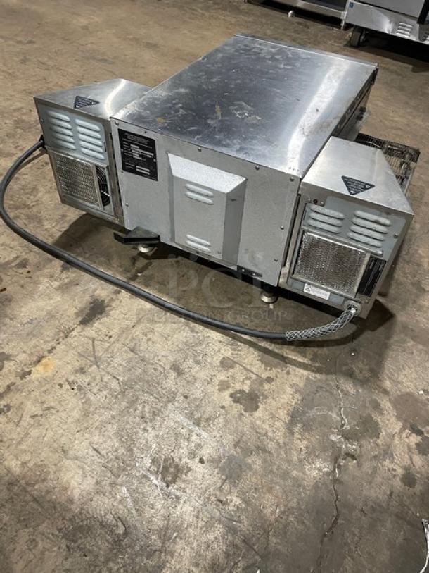 Turbo Chef HHC1618 stainless steel pizza conveyor oven, 2019 model, electric, countertop, includes labeling, on legs.