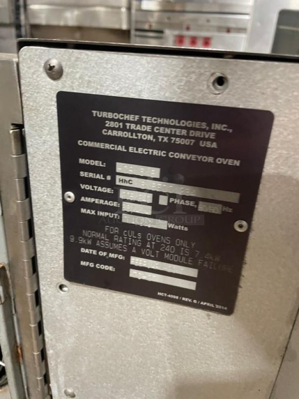 Turbo Chef HHC1618 stainless steel electric pizza conveyor oven, 2019 model, 208-240V, on legs, used condition.