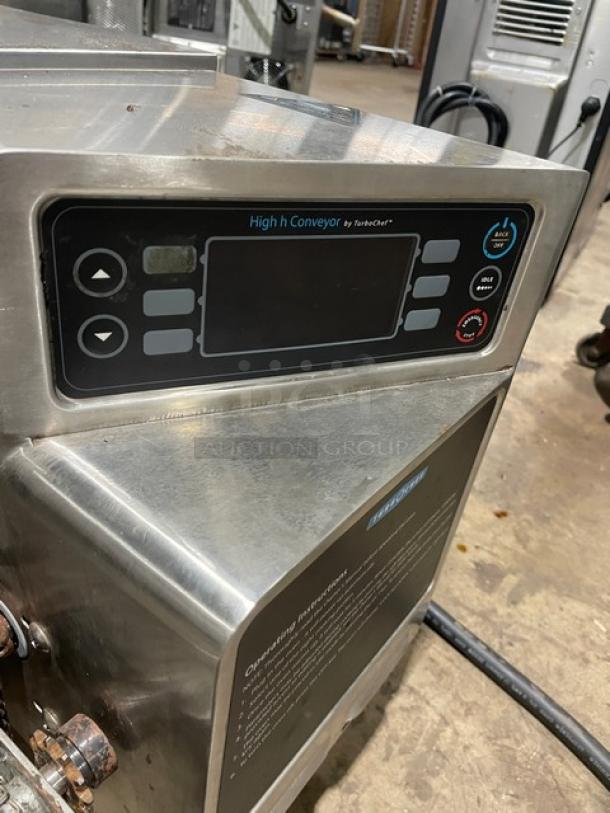 2019 Turbo Chef HHC1618 stainless steel impingement pizza conveyor oven, electric, 208-240V, countertop model on legs.