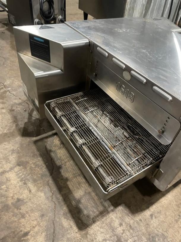 2019 Turbo Chef HHC1618 stainless steel electric pizza conveyor oven on legs, in good condition, 208-240V.