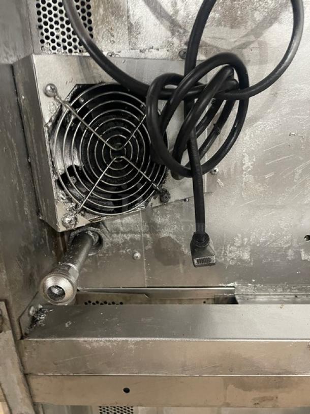 Blodgett commercial stainless steel gas-powered double-stacked convection oven on casters, includes wired oven rack.