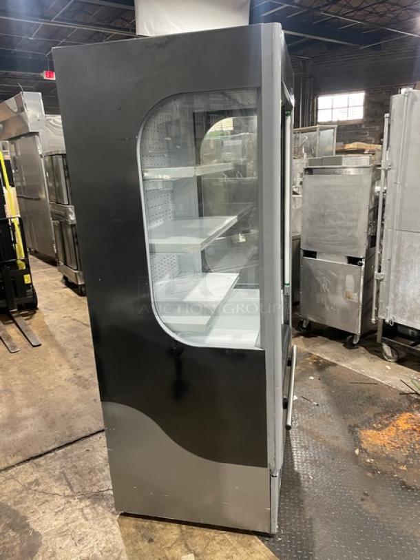 Beverage Air VM12 multi-tier refrigerated open display case in white, adjustable shelving, model VM12, 120V, 1 phase.