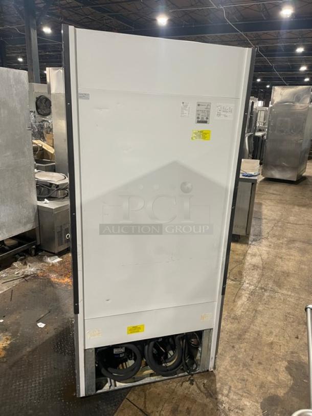 Beverage Air VM12 refrigerated open merchandiser, white, multi-tier, adjustable shelving, Model SN: 0426006-33154-0, 120V 1 Phase.