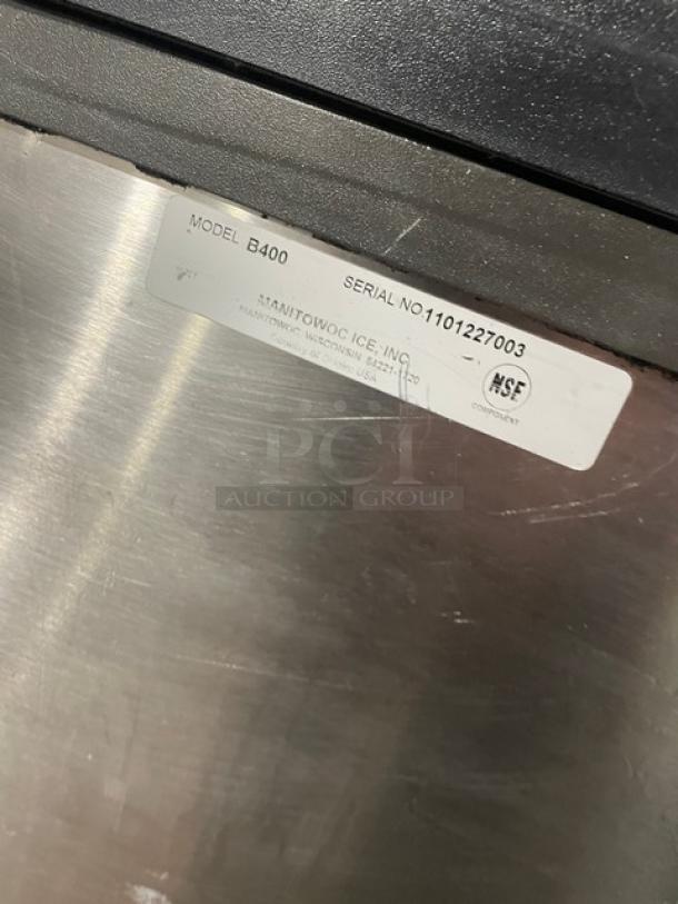 Manitowoc Koolaire Series ice maker/bin combo, model KY0350W-161, stainless steel, electric, 115V, on legs. Model B400 shown.