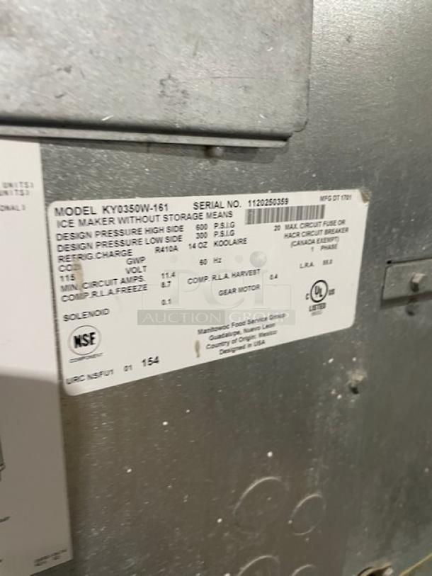 Manitowoc Koolaire KY0350W-161 ice machine label, showing model, serial number 1120250359, and electrical specs.