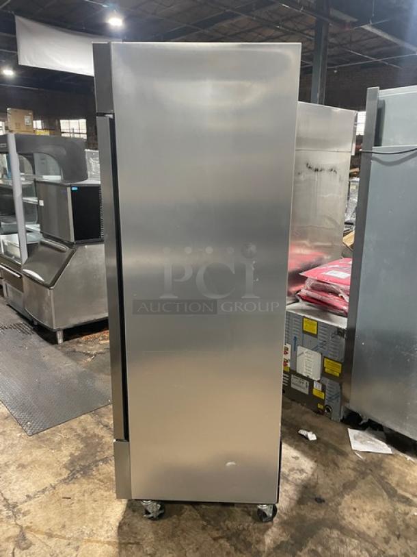 True T-35-HC commercial stainless steel 2-door reach-in refrigerator with wired rack, on casters, model T35HC.