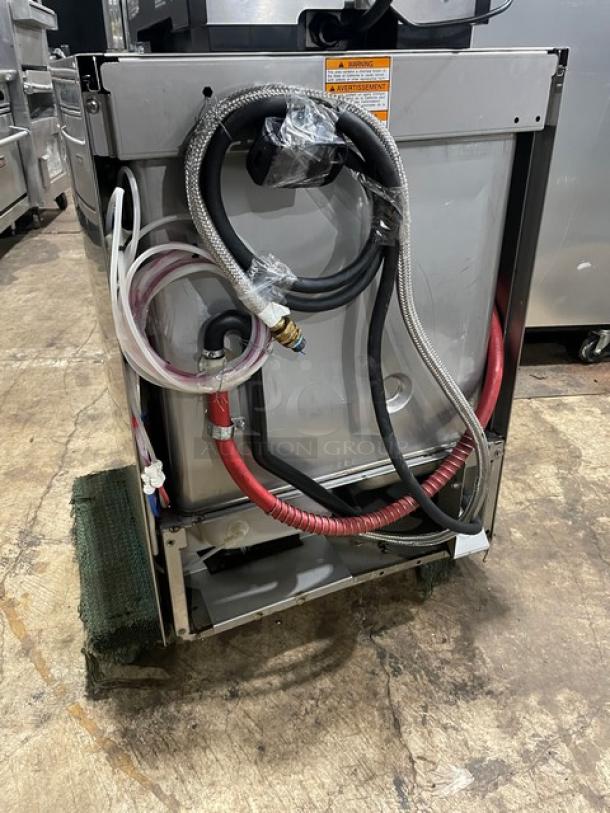 Hobart LXEC Advansys stainless steel undercounter dishwasher with attached hoses and visible wiring, 120V 1 phase.