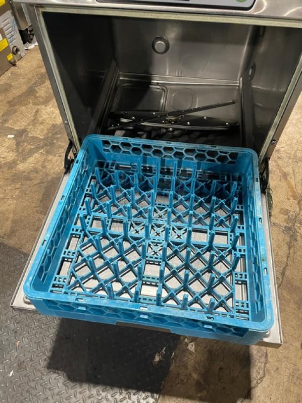 Hobart LXEC Advansys undercounter dishwasher, stainless steel, with full-size blue peg rack. Model: LXEC, SN: 231178838.