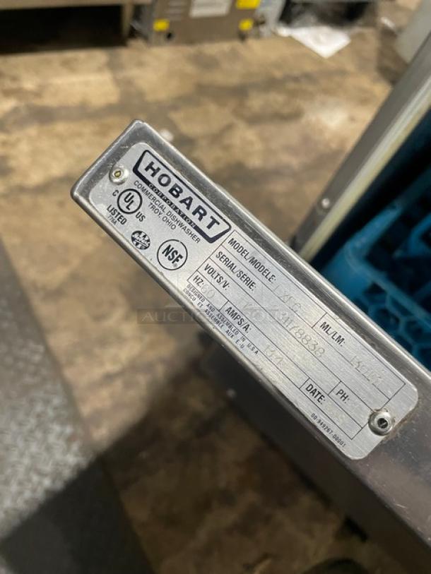 Hobart LXEC Advansys Series undercounter dishwasher with stainless steel body, model and serial number plate shown, 120V, 1 Phase.