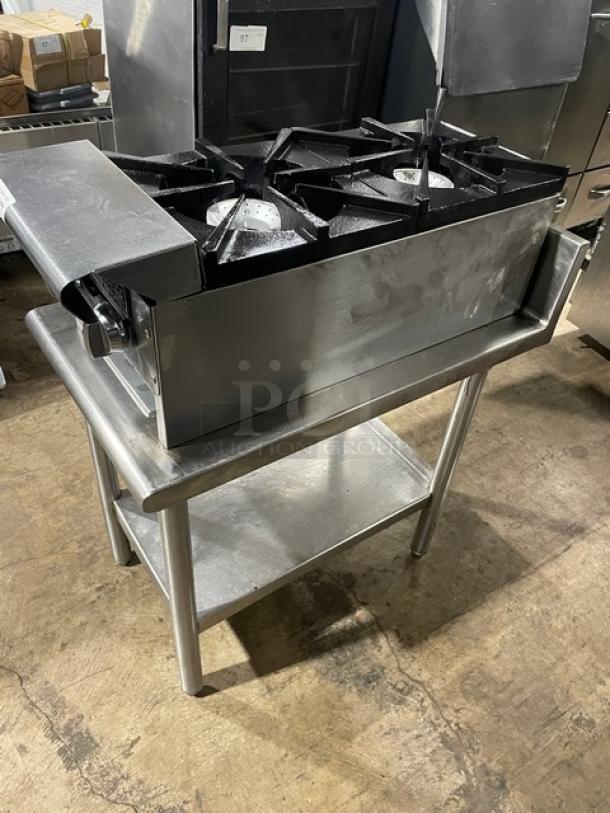 American Range commercial stainless steel double stock pot range with front-to-back burners on a single undershelf stand.