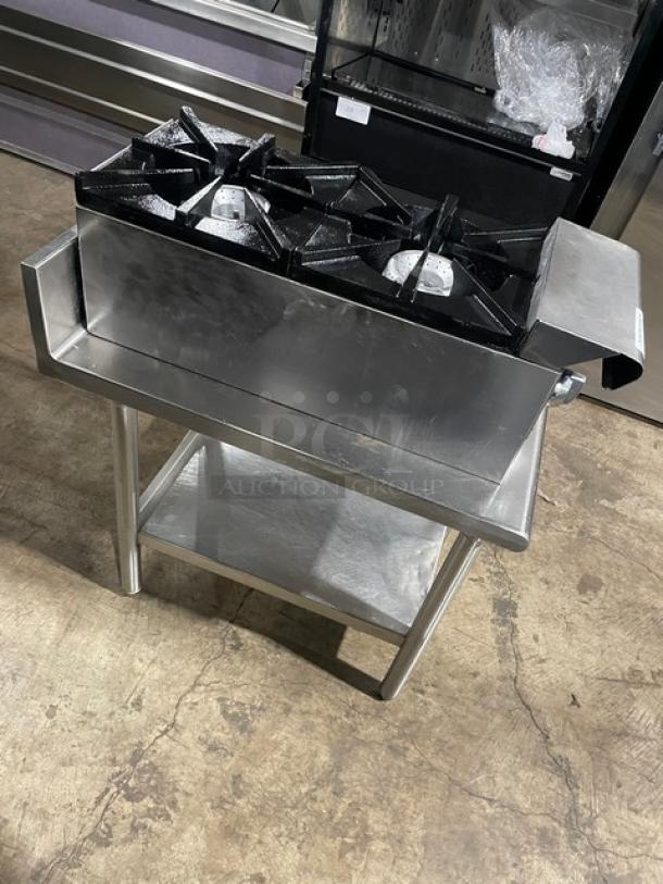 American Range stainless steel double stock pot gas range with single undershelf stand, excellent condition.